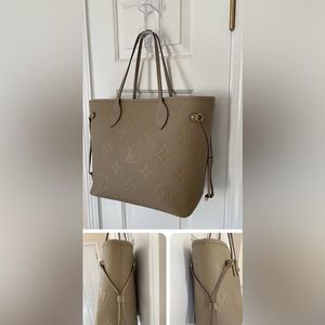 Louis Vuitton never full in turtle dove with matching wallet.